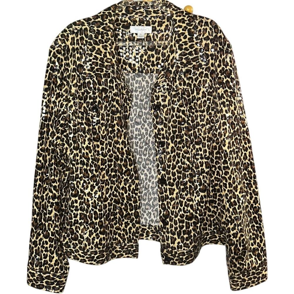 Dress Barn Leopard Light Sequin Button Up Jacket Collar Long Sleeves Boho XL